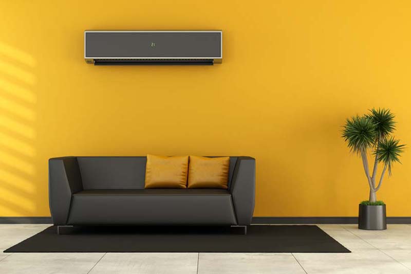 Modern living room with black couch and air conditioner on wall - rendering, Consider a Ductless AC System | HVAC, Install, Repair | Saratoga, CA