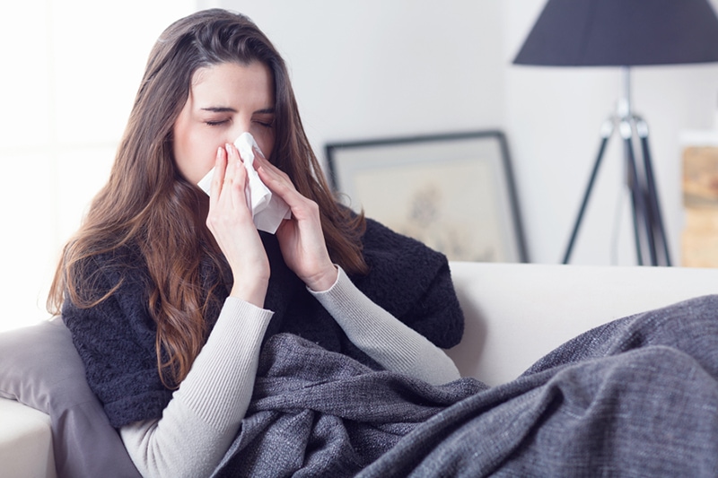 Young attractive woman lying sick at home couch in cold and flu sneezing nose with tissue covering with blanket, What Does Indoor Air Quality Have to Do With Allergies? | HVAC